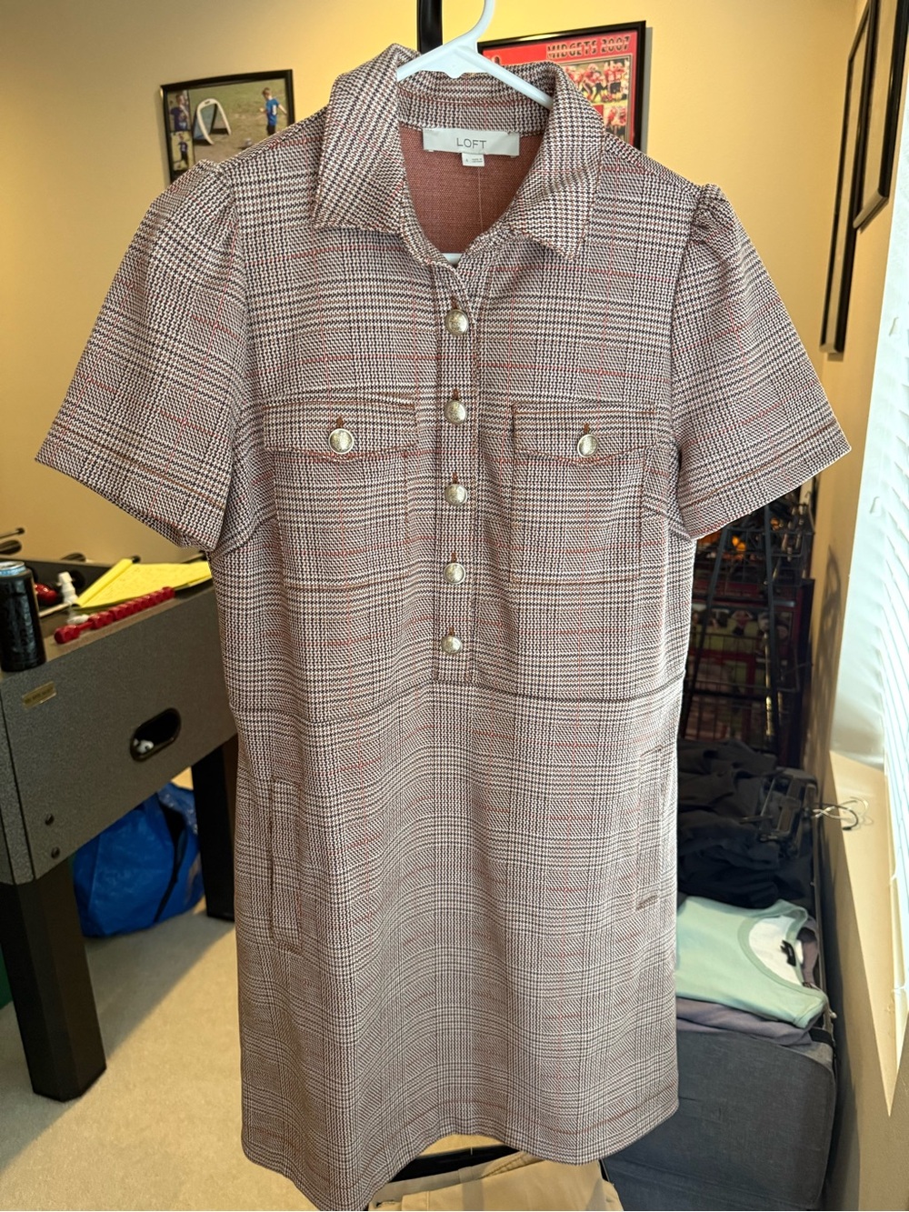 LOFT Plaid Button-Front Shift Dress in Brown/White NWT size 4